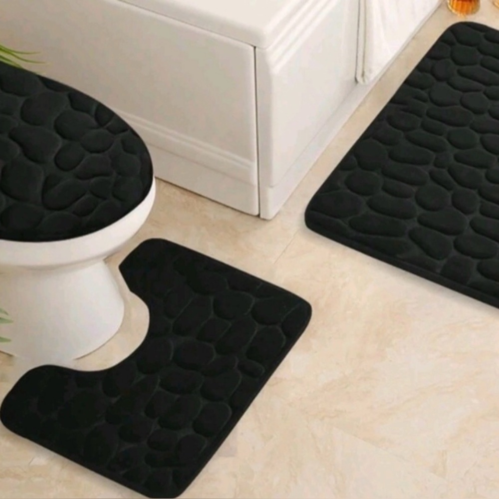 3 piece Bath Black Plain Not Cobblestone THIN Cushioned Bath Mat Set Final Sale